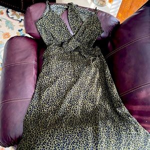 Francesca’s Olive Leopard Open Back Dress